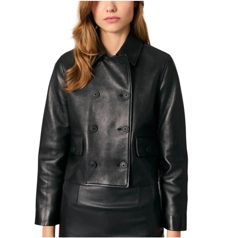 Maje Women's Black Noir Cropped Leather Jacket Size 42 | XL